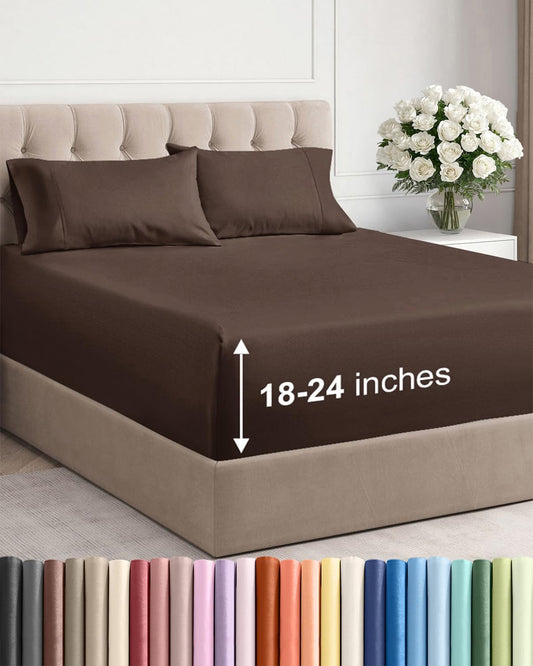 Skiennix Extra Deep Twin Sheet Set - 4-Piece Breathable Cooling Sheets | Luxury Hotel Bedding - Soft, Wrinkle-Free, Brown