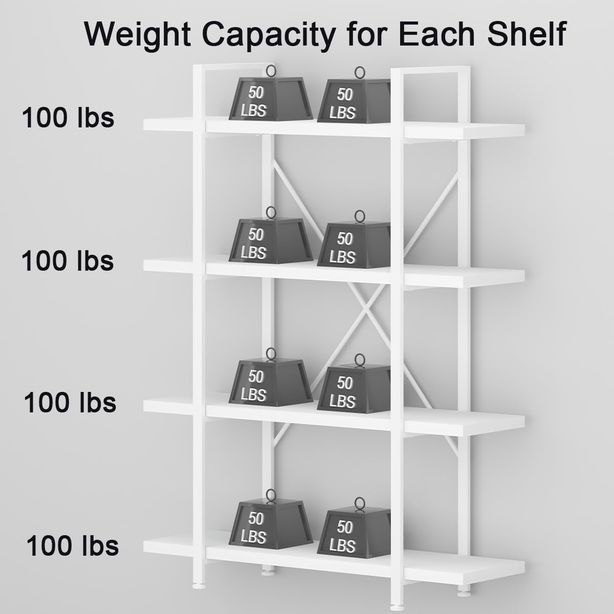 HSH 4 Tier White Bookshelf, Modern 4 Shelf Etagere Bookcase, Industrial Wood and Metal Storage Shelves and Display Book Rack, Farmhouse Open Wide Book Shelf for Bedroom Living Room Office, White Oak