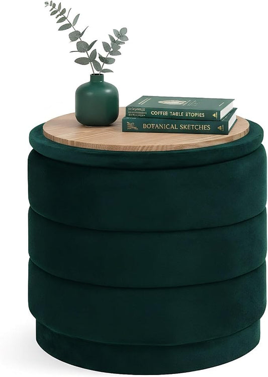 B FSOBEIIALEO Round Velvet Storage Ottoman with Tray, Folding Ottoman with Storage Coffee Table Foot Rest for Dorm Room, Living Room Bottle Green, 15.35"x15.35"x14.57"