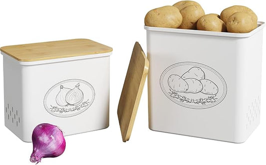 Lifewit Plastic Potato and Onion Storage Bin, Stackable Garlic Keeper with Aerating Holes and Lid, Vegetable Container Box for Pantry Countertop, White, 24 x 18 x 24 cm/9.5 x 7 x 9.5 inch, Set of 2