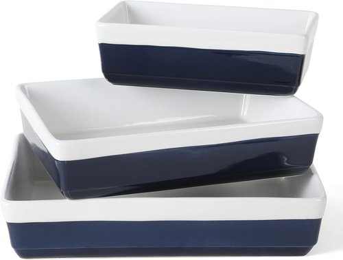 Martha Stewart 3-Piece Stoneware Bakeware Set - Durable Cobalt Blue Baking Dish & Casserole Set