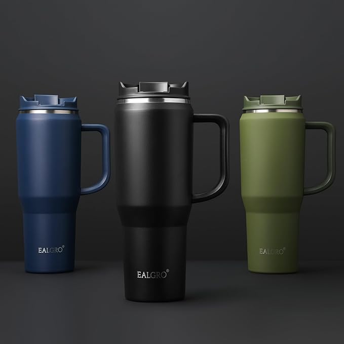 EALGRO 50 oz Tumbler with Handle, Insulated Tumblers with Lid and Straw, Large Metal Sports Water Bottle Jug, Thermal Stainless Steel Travel Coffee Mug Cup, Army Green