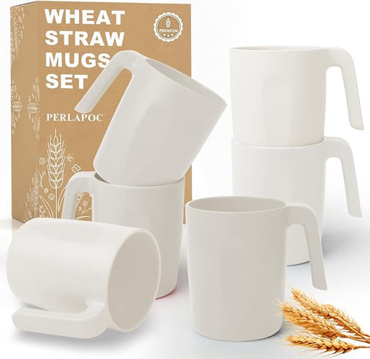 Wheat Straw Coffee Mugs Set of 6, Unbreakable 16 OZ Reusable Coffee Cups, Alternative Plastic Mugs with Handles, Lightweight Mug, Microwave Safe & Dishwasher Safe Mug Set, White