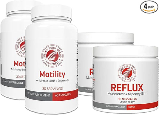 Silver Fern Brand Slow Motility+Kit ??Digestive Support Bundle ??30-Day Supply ??2 Motility, 2 Berry Flavor Powder Reflux ??Capsules, Powder ??Artichoke Leaf, Okra, Ashwagandha, MucoSave ??Made in USA