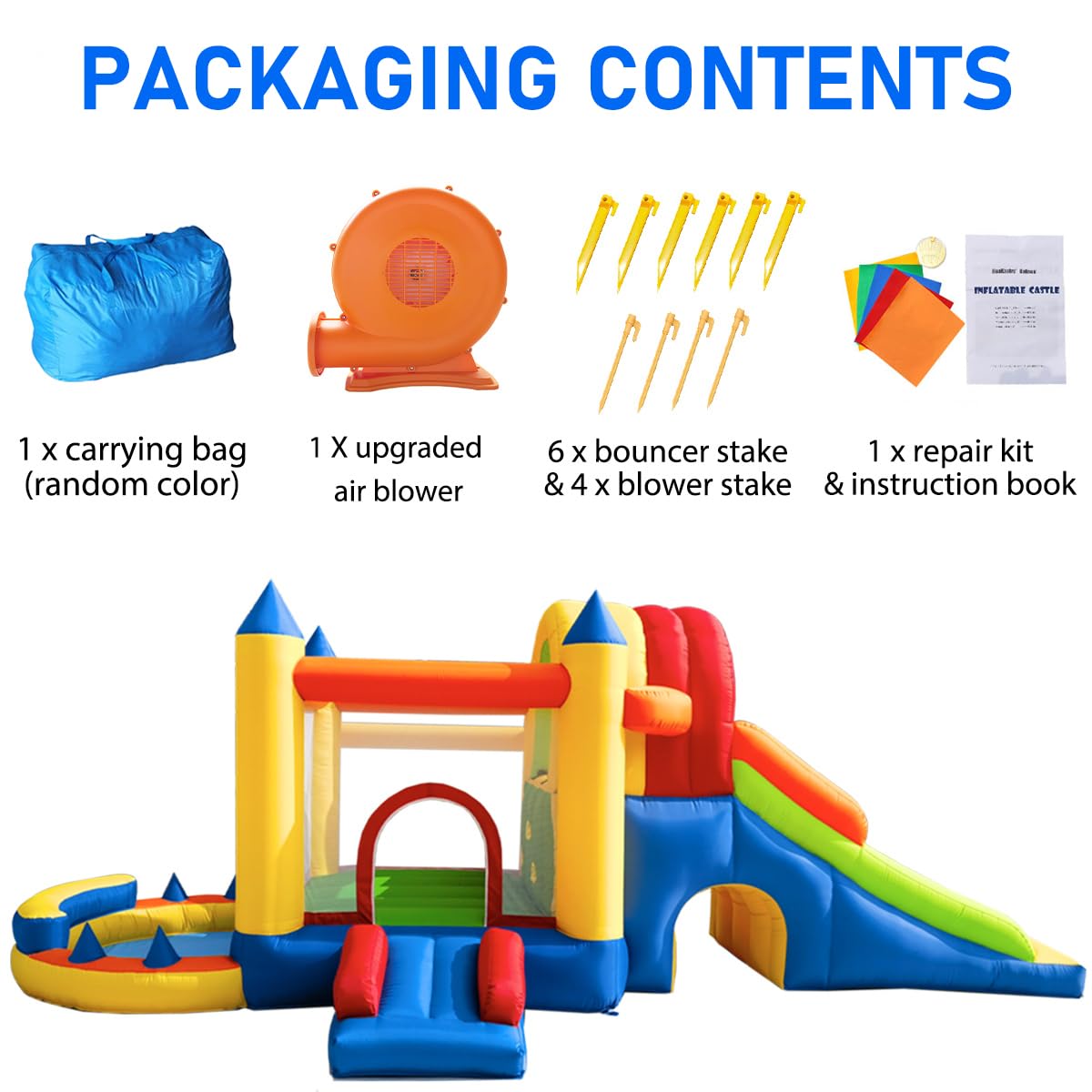 Hongcoral Inflatable Bounce House with Wide Slide, Splash Pool/Ballpit, Secret Crawl Tunnel & Soccer Goal, Multi-Activity Jumping Castle for Toddlers & Big Kids, Outdoor Backyard Playground