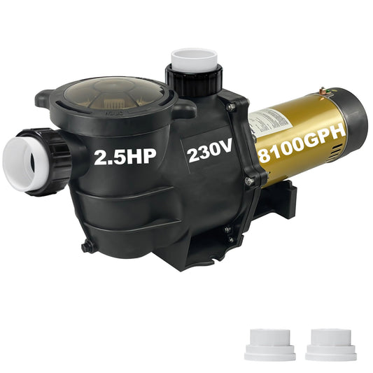2.5HP Two Speed In/Above Ground Swimming Pool Pump, Original 2.0 inch Port Size, Comes with 1.5" and 2.0" pipe fittings, 8100GPH Qmax, 66FT Hmax, Thermal Protected Long Lifetime Pool Motor