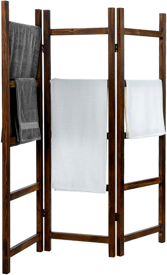 Blanket Ladder,Burnt Wood Blanket Ladder 59" H Freestanding and Folding, 6 Tier and 3 Panel Towel Rack for Bathroom, Decorative Display Ladder Shelf Quit Rack for Living Room, Brown.