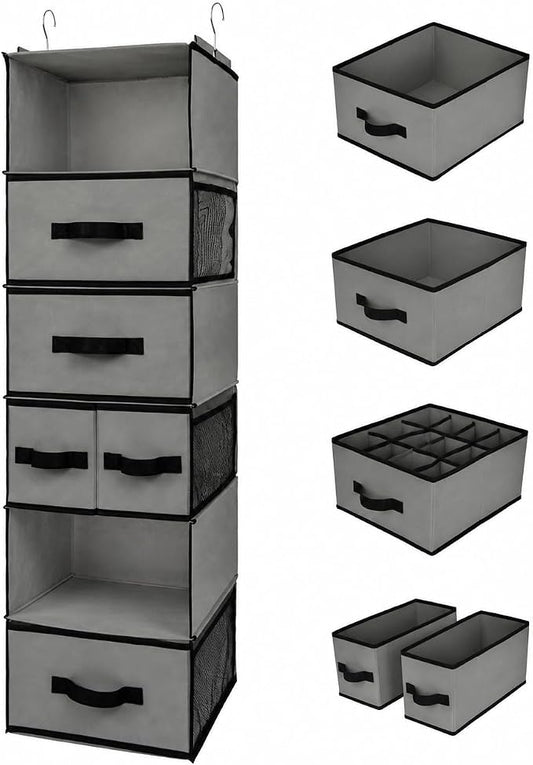 GRANNY SAYS Hanging Closet Organizer 6 Shelves, Closet Organizers and Storage with 5 Drawers, 6 Side Pockets Closet Hanging Organizer, Hanging Storage Organizer for Closet, Baby Clothes, Gray