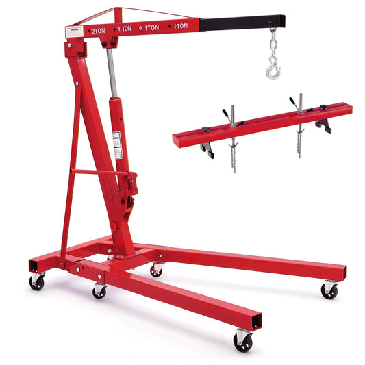 2 Ton Folding Hydraulic Engine Hoist with 59 in Load Leveler 4400 LBS Capacity Heavy Duty Cherry Picker 6 Swivel Wheels,Engine Support Bar 1100 LBS Capacity for Garage Workshop Warehouse Red