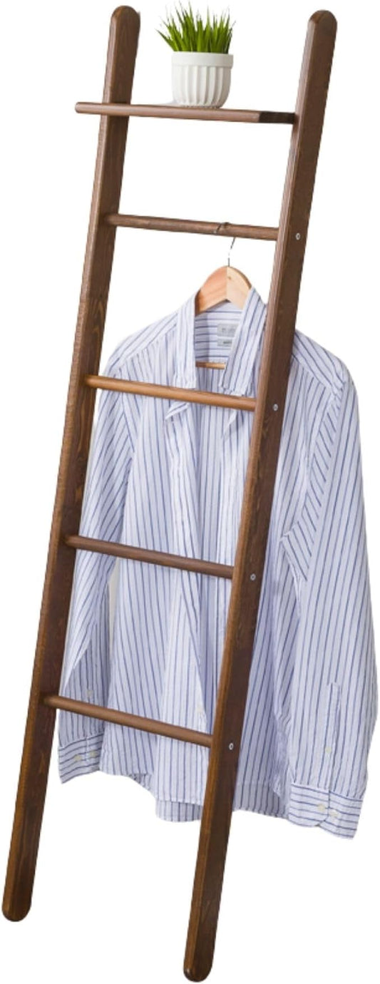 Solid Pine Wood Blanket Ladder for Living Room Bathroom Organizer Shelves, 7-Tier 5-Tier Freestanding Shelf, Freestanding Towel Rack Extra Storage, Wall-Leaning (Walnut, Medium)