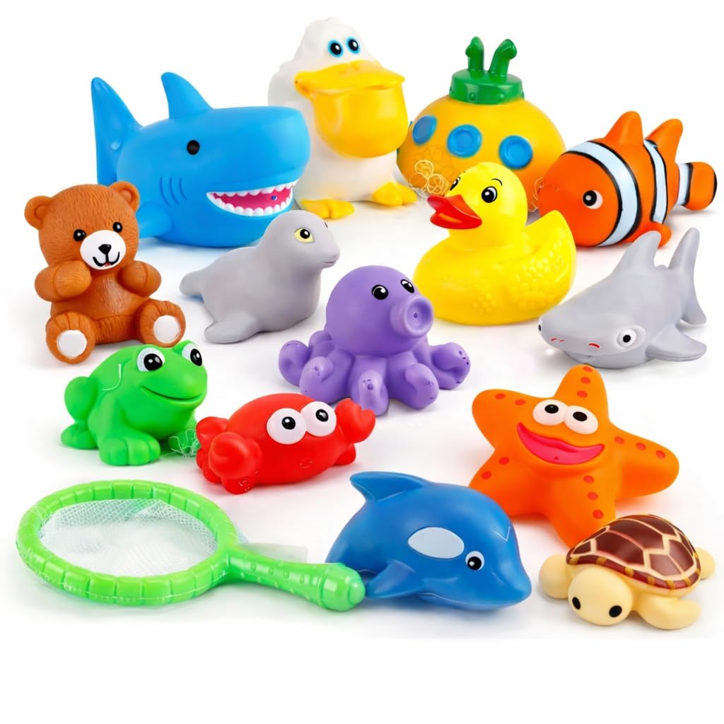 15 PCS Ocean Animals Rubber Bath Toy Water Squirters with Floating Bathtub Squeeze and Play Soft Sea Creatures anf Fishing Net for Baby, Toddlers and Kids