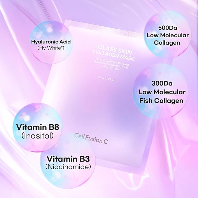 Cell Fusion C Glass Skin Collagen Mask, 1.23 oz. x 5 Sheets, Overnight Hydrogel Mask with Triple Collagen, Hydrating and Plumping, Korean Skincare