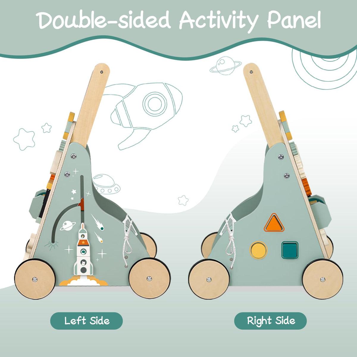 MILEFUN Adjustable Wooden Baby Walker – Montessori Push Toy for 1 Year Old with Rocket-Themed Activity Center, Sit-to-Stand Walker Gift for Boys and Girls