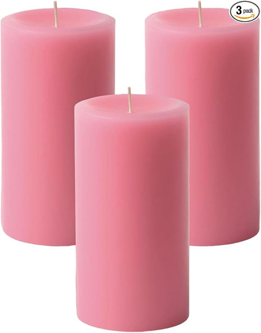 Mister Candle Dripless Unscented Pillar Candles, Set of 3 Hand Poured Pink Pillar Candles, Solid Color Non-Scented Candles for Home Decor, Premium Wax, 80 Hr Burn Time, 3x6 Inch