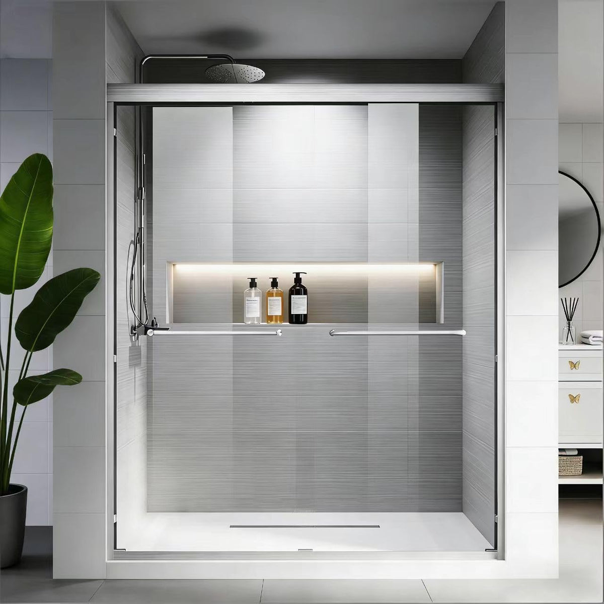 Carvmpin Glass Double Sliding Shower Door, 44-48" W X 72" H Semi-Frameless Shower Doors for Walk in Shower, with 1/4 Inch SGCC Clear Tempered Glass, Brushed Nickel
