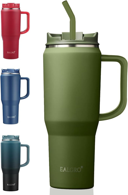 EALGRO 40 oz Tumbler with Handle, Insulated Tumblers with Lid and Straw, Large Metal Sports Water Bottle Jug, Thermal Stainless Steel Travel Coffee Mug Cup, Army Green