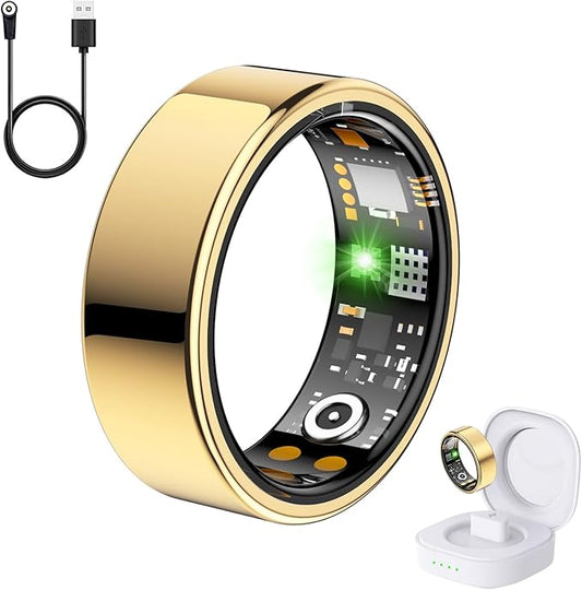 Health Tracker Ring, Smart Health Ring for Women Men with Heart Rate, Blood Oxygen, Sleep Monitor, Steps,Calories, No Subscription Fee, IP68 Waterproof Smart Ring for iPhone & Android (Gold, 14#).