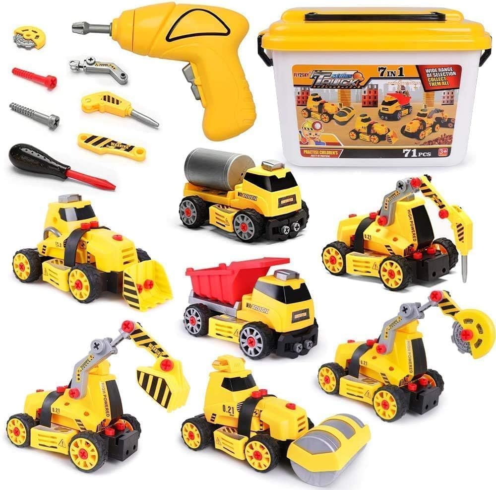 FLY2SKY 7 in 1 Take Apart Toys with Electric Drill Take Apart Truck Toys Construction Set DIY Engineering Building Toy Push Go STEM Toy Gift for Boys Toys Ages 4-7 Years Old
