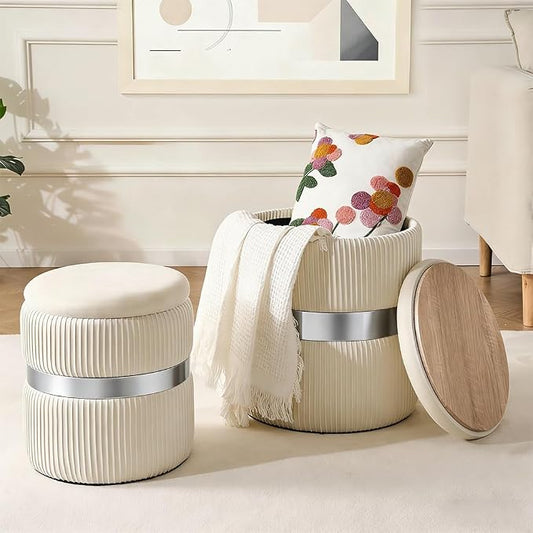 Round Storage Ottoman Set of 2 Vanity Stool for Living Room, Space-Saving Coffee Table with Hidden Compartment, Sturdy Seating for Small Apartments & Bedroom, Assembly Free White
