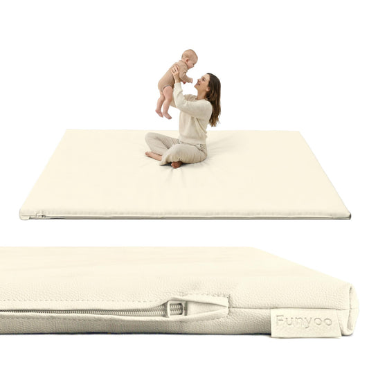Funyoo Vegan Leather Baby Play Mat, 71x59 Thicken Foam Play Mat for Infants and Toddlers, Padded & Cushioned Playpen Mat for 71x59 Playpens, 1.2" Thick, Cream