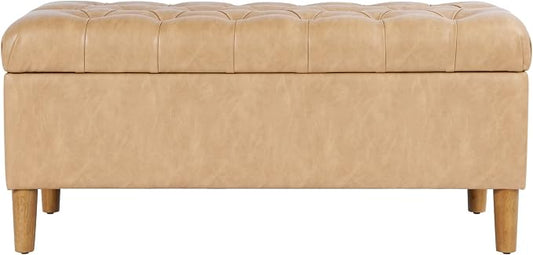 HomePop Button Tufted Storage Bench with Cone Wood Legs - Sand Faux Leather