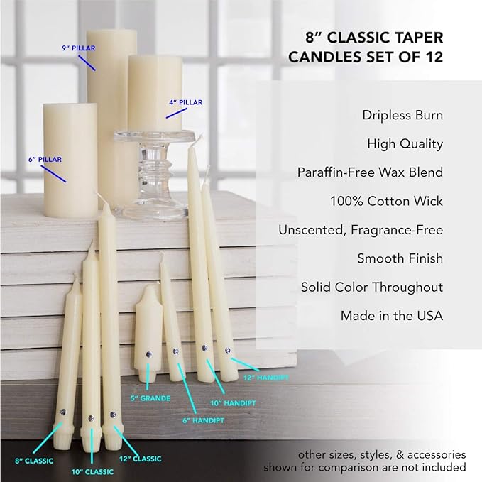 Colonial Candle Unscented Taper Candle, Handipt Collection, Limoncello, 10 in, Pack of 12 - Up to 8 Hours Burn