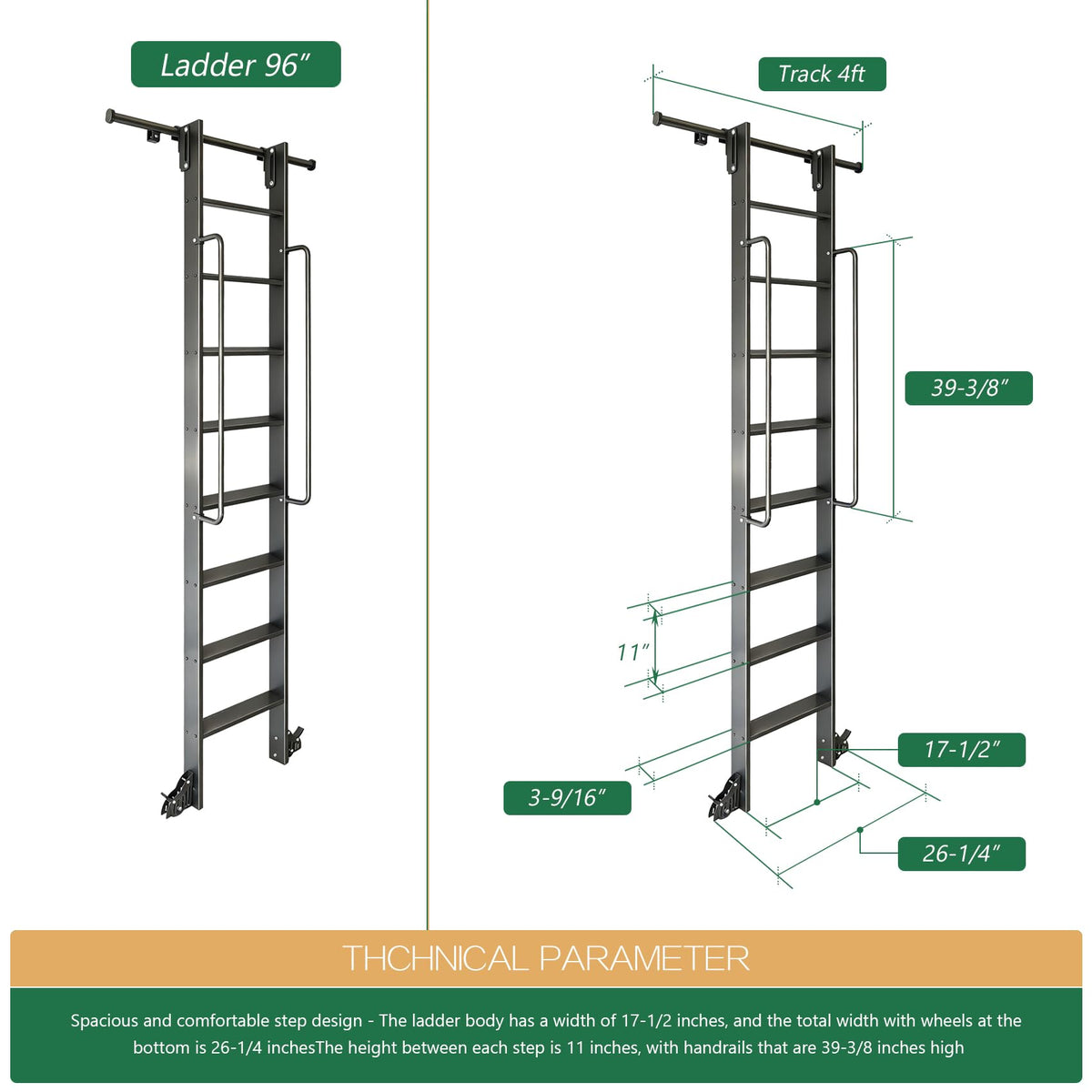 104RDHOUSE 8FT Lightweight Aluminum Rolling Step Ladder 96",Rolling Library Ladder with Wheels,Industrial Sliding Ladder for Home Library,Bookshelf, 4FT Hook Ladder Bookcase Track Kit for Home
