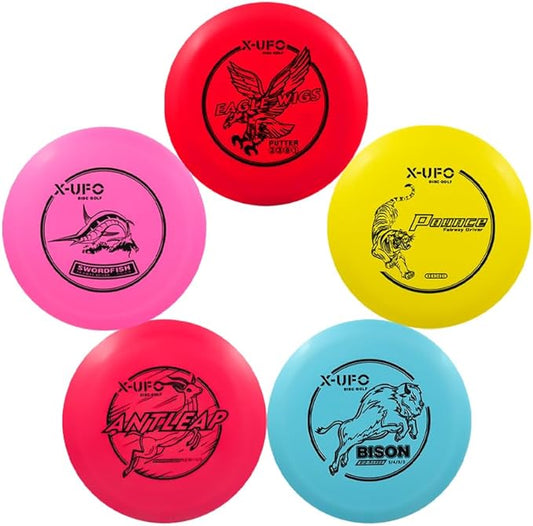 X-UFO Disc Golf Set - Disc Golf Pro Starter Set 5 Pack with Putter,Driver,Mid-Range,Mini Discs,157-175g for Training & Outdoor Sports (TPE-5YPRRB)