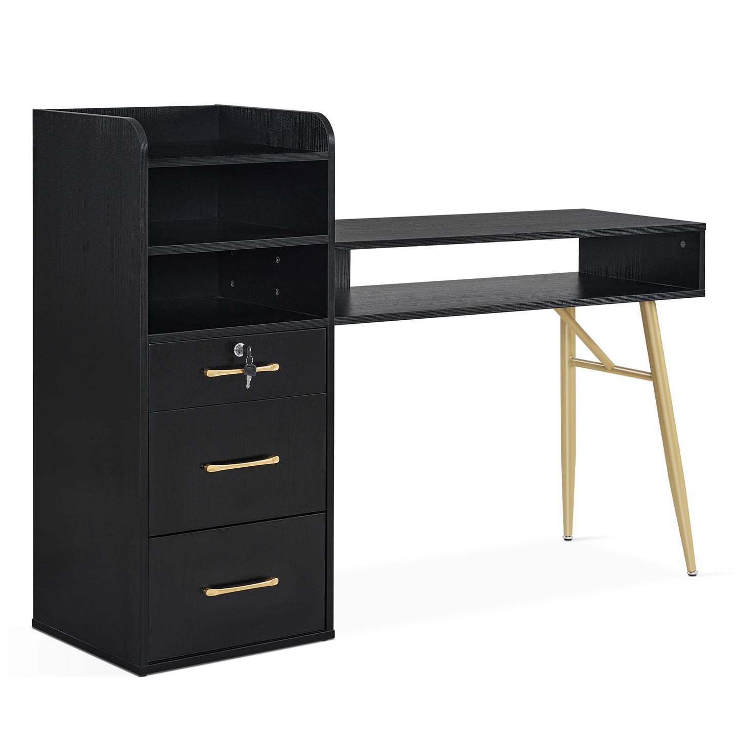 BarberPub Manicure Table with 3 Drawers & 4 Shelves, Nail Desk with Golden Handles and Legs, Nail Table for Nail Tech, Beauty Spa Workstation Equipment DC2605 (Black)