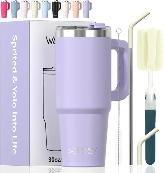 30 oz Tumbler with Handle,Tumbler with Lid and Straw,Double Wall Insulated Cup Stainless Steel Travel Mug(Cold for 34 Hours),Water Bottle for Iced Tea,Coffee,Cold Beverages(Purple)