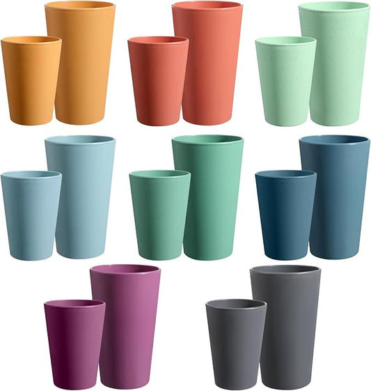 HEYCOME Set of 16 Wheat Straw Cups, 8 Pcs 20 oz & 8 Pcs 12 oz Unbreakable Drinking Cups, Reusable Plastic Cups Sets, Water Glasses Tumblers, Microwave & Dishwasher Safe, Bpa Free, 8 Colors