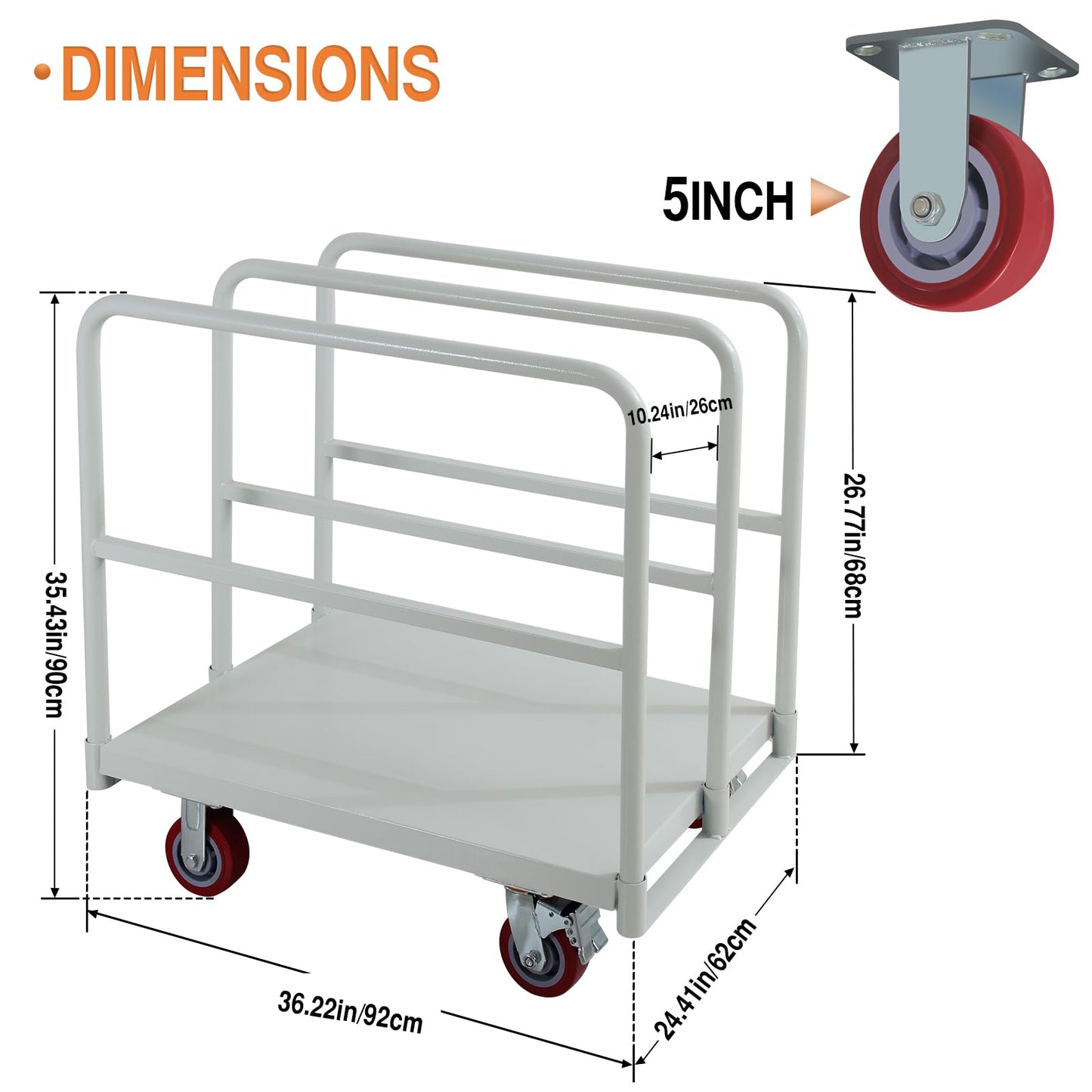Heavy Duty Steel Panel Cart, Flatbed Cart with 5" Swivel Caster 2500lbs Load Capacity, Lumber Drywall Mattress Transporting