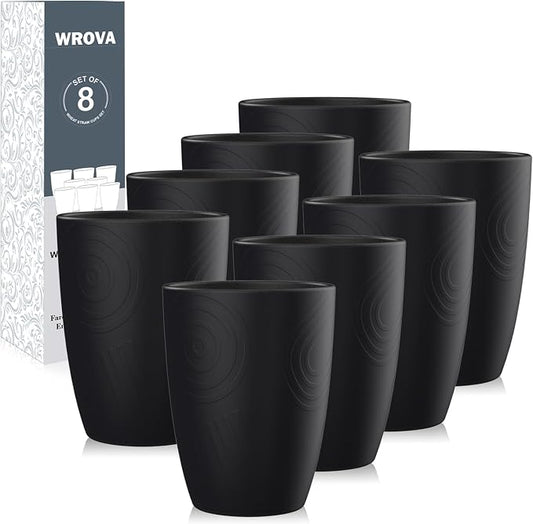 Wrova Wheat Straw Cups 8 PCS Good Alternative to Plastic Reusable Cups 12 oz Unbreakable Drinking Cup Reusable Dishwasher Safe Water Plastic Glasses Pure Black