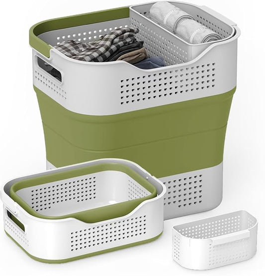 TECHMILLY Collapsible Plastic Laundry Basket Hamper with Handles, 35L Portable Rubber Clothes Basket, Pop Up Storage Container/Organizer with Hanging basket for Washing & Storage, Green