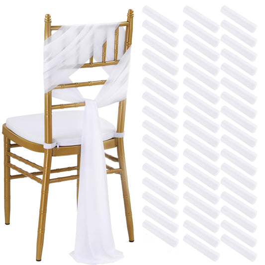 PakiInno White Chair Sashes 50 PCS Tulle Chair Cover 8ft Loing Wedding Banquet Decorations for Aisle Back and Side of Chair Sheer Drapes Fabric