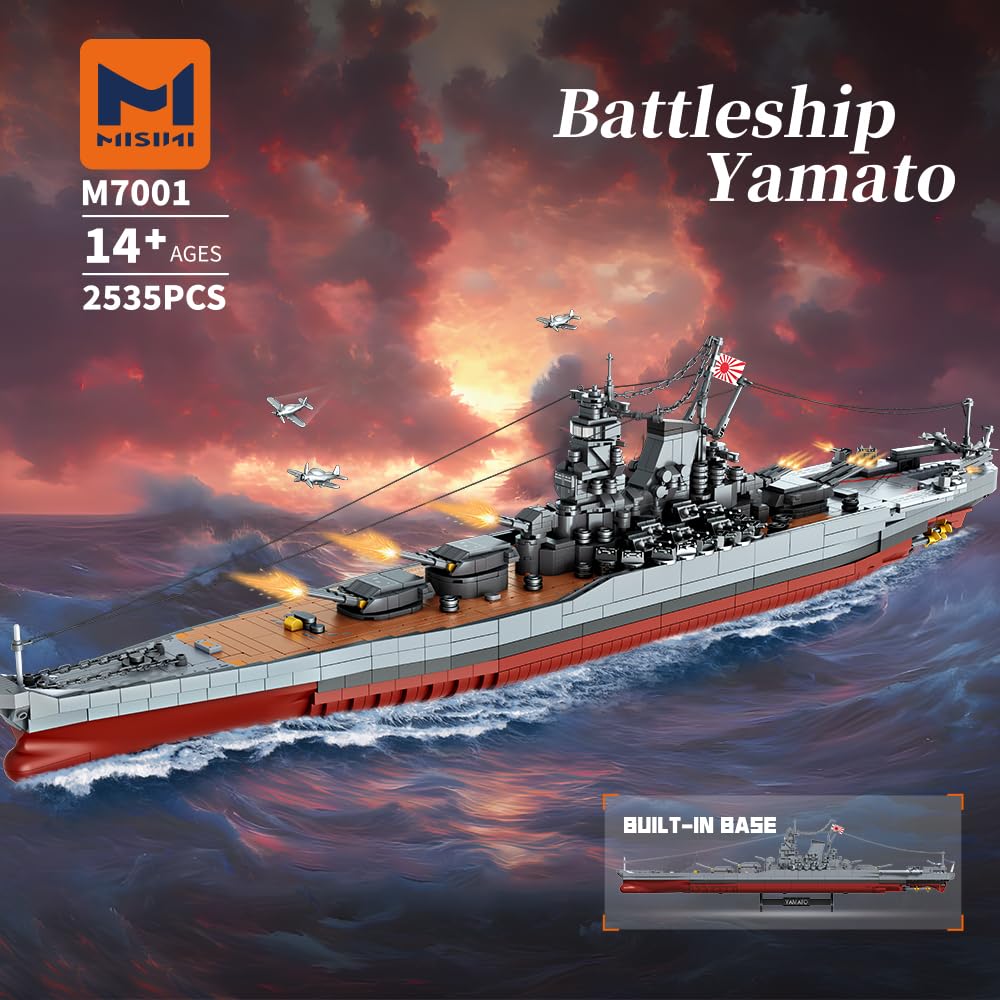 MISINI M7001 1:300 Japanese Yamato Battleship Building Blocks Set, 2569 Pieces WWII Navy Ship MOC Toy, Excellent Battleship Model Building Gift and Collection for Military Enthusiasts and Adults
