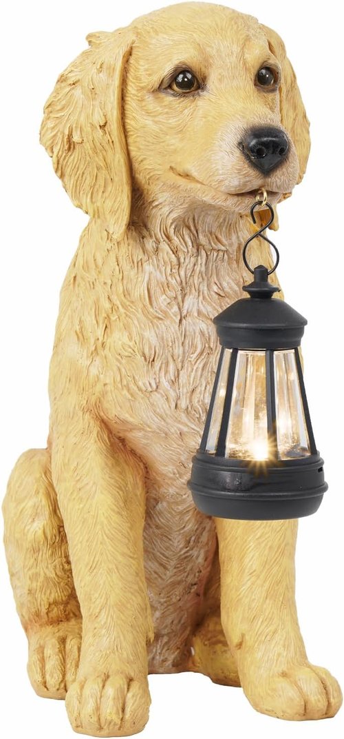 Cynkeyee Golden Retriever Puppy Statue - Solar Outdoor Dog Figurine for Garden Decor | 13.5x7.5x15.5 Inch