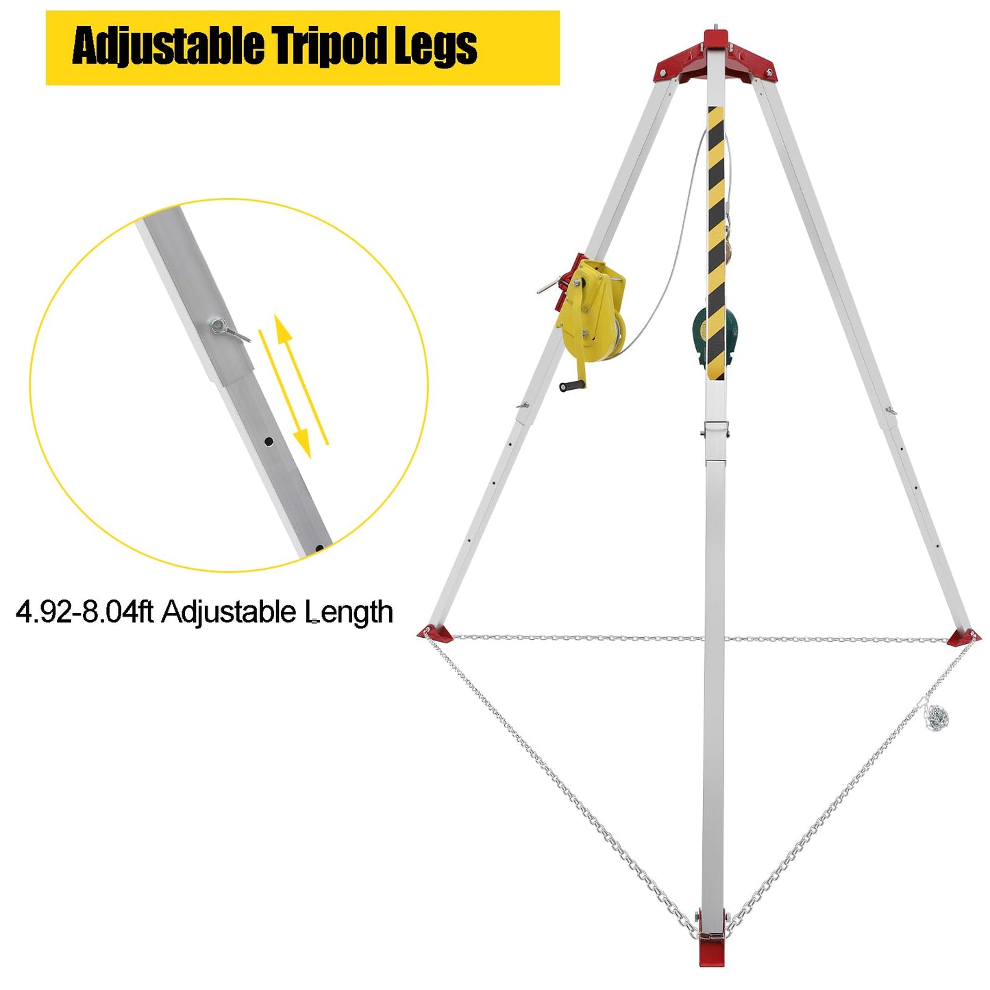 Confined Space Tripod Kit, Tripod Kit with 2600LBS Winch, Confined Space Rescue Tripod | 8.04ft Leg Bracket | 5.2-8ft Working Height | 1102.31lbs Tripod Load | 65.62ft Steel Wire Rope Length