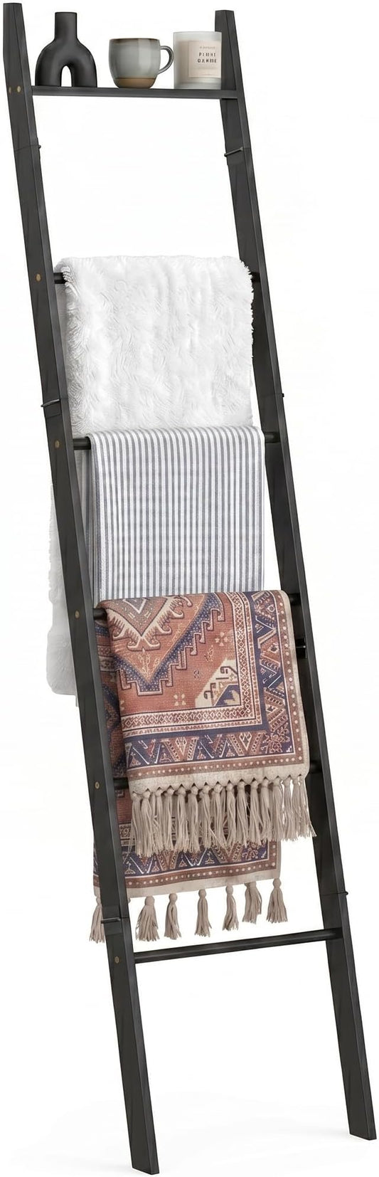6 Tier Blanket Ladder with Shelf, Wooden Blanket Rack for Living Room, Leaning Towel Ladder Rack for Bedroom, Bathroom, Quilts, Throws, Towels and Farmhouse Décor Black