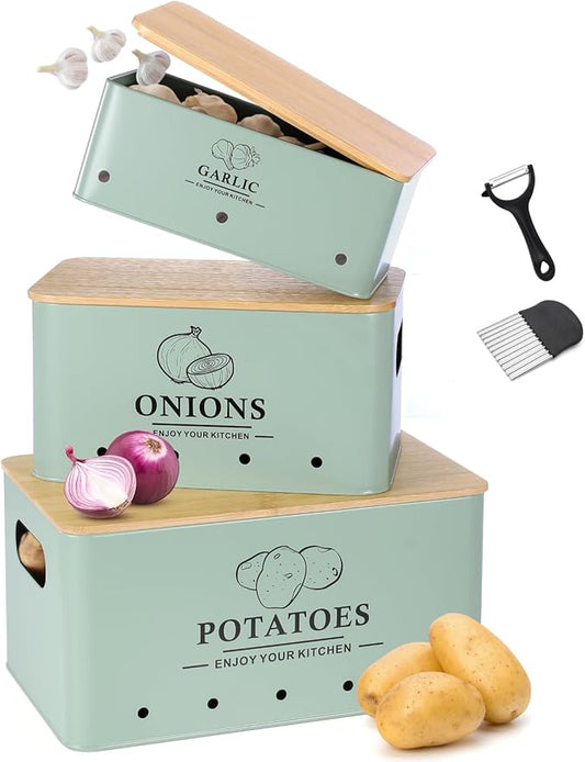 Kitchen Vegetable Storage Set of 3, Metal Onion Garlic Potato Storage Set, Kitchen Canisters Vegetable Keeper Containers with Aerating Holes and Bamboo Lid,Sage Green