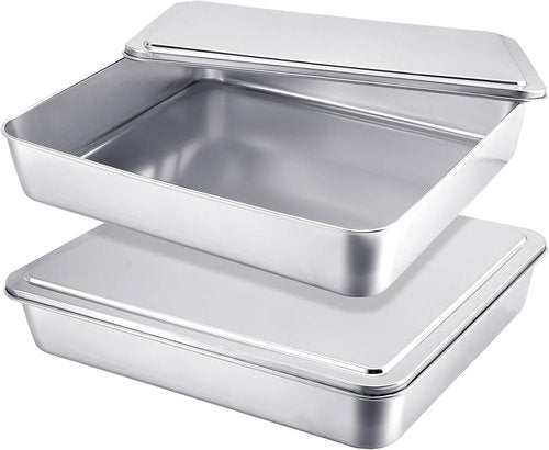 Funnymoom Stainless Steel Cake Pan Set - 11 x 13 Inch Rectangle Bakeware with Lid | Dishwasher Safe