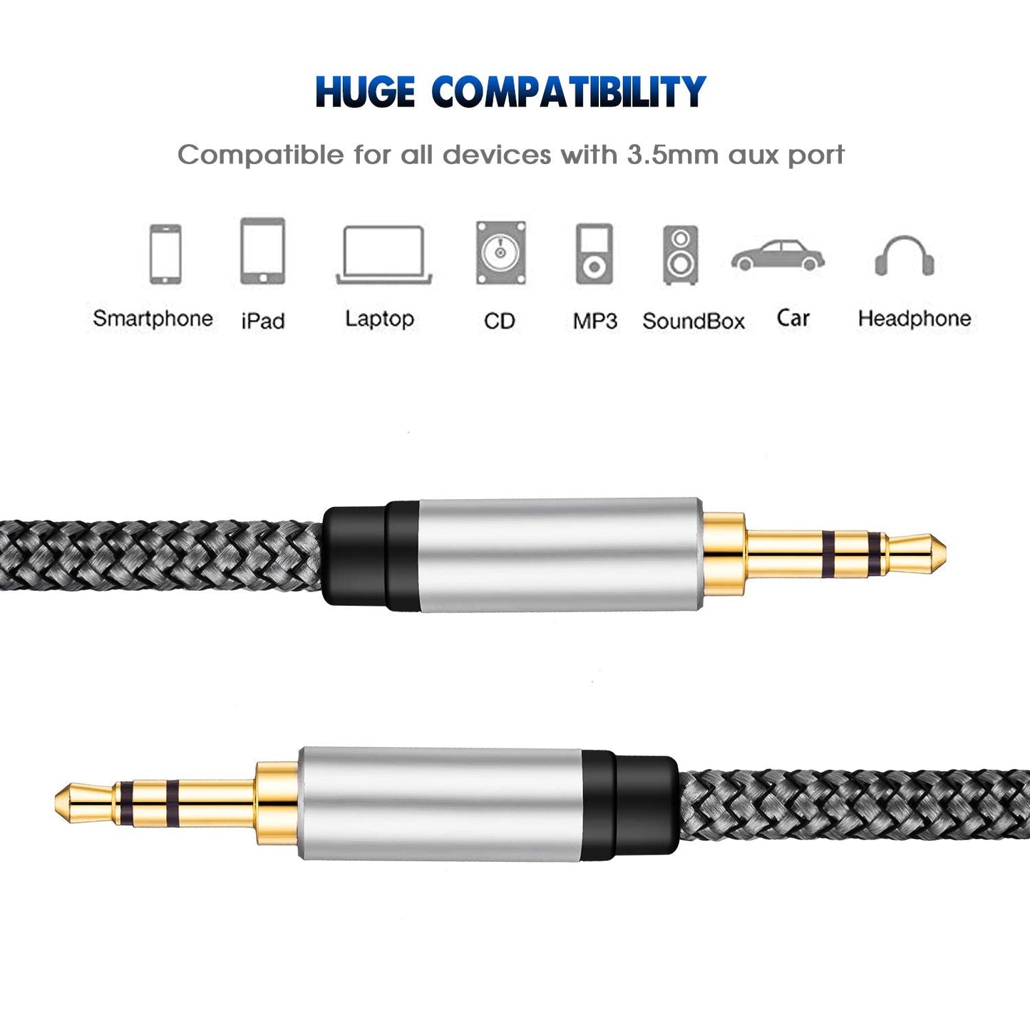 3.5mm 3Ft, (3Ft/1M, Tan QY Nylon Braided Aux Cable Audio Auxiliary Input Adapter Male to Male Cord for Headphones, Car