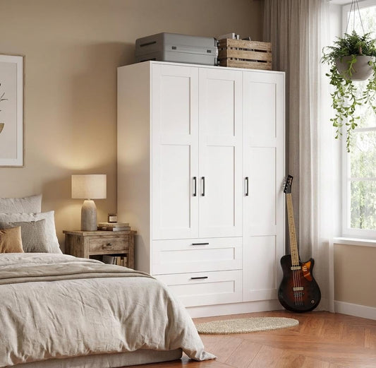 3 Doors Wooden Wardrobe Closet with 2 Drawers, Morden Wardrobe Armoire with Doors and Shelves, Standing Closet Cabinet for Hanging Clothes, Large Capacity Storage Cabinet for Bedroom, Black