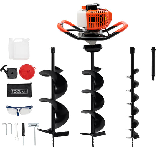 52Cc Auger Post Hole Digger,2-Stroke Petrol Gas Powered Earth Digger Earth Auger with 3 Digging Machine Drill Bits 4" 6" 8" and 3 Extension Rods for Tree Planting Holes,Fence Stakes,Greenhouse Stakes