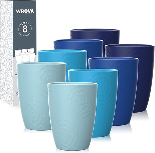 Wrova Wheat Straw Cups 8 PCS Good Alternative to Plastic Reusable Cups 12 oz Unbreakable Drinking Cup Reusable Dishwasher Safe Water Plastic Glasses - Ocean Series