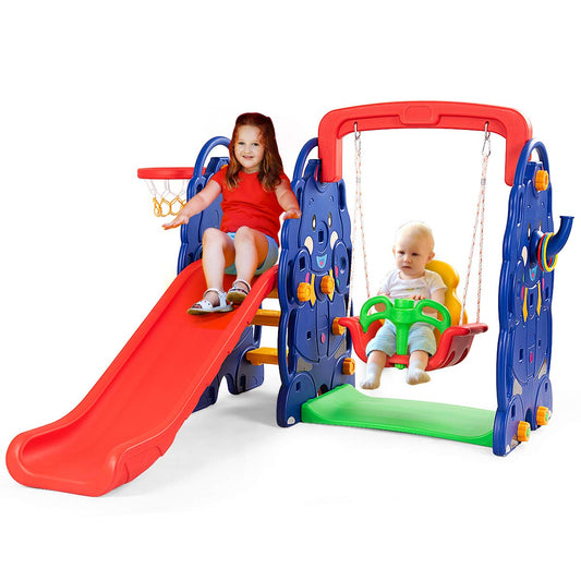 HONEY JOY Swing and Slide Set for Toddler, 4-in-4 Kids Play Climber Swing Playset w/Basketball Hoop, Extra Long Slide with Buffer Zone, Easy Setup Climb Stairs for Indoor Outdoor Games