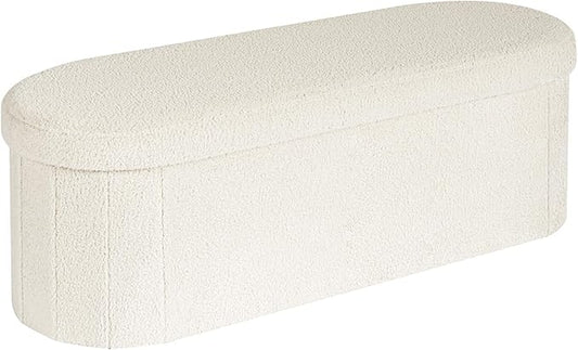 B FSOBEIIALEO Ottoman with Storage for Living Room, Sherpa Folding Storage Ottoman Foot Rest, 43.3 Inches Collapsible Bedroom Bench White Cream