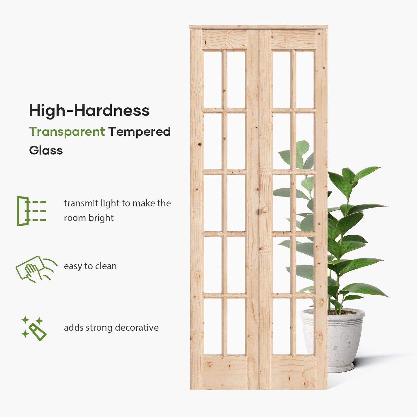 EaseLife Bifold Closet Door,for 32in x 80in (Double 16x80) Opening,French Glass Barn Doors with 2.66FT Concealed Bi-Fold Sliding Hardware Kit Included,Preassembled Door,Easy Install,DIY staining