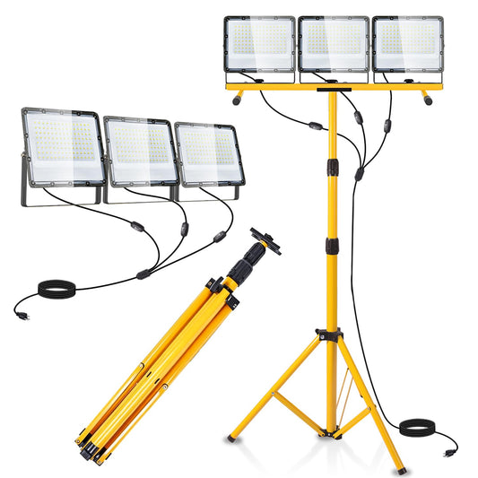 45000 Lumen LED Work Lights with Stand - 3 Head Portable Work Light on Stand - IP65 Waterproof Tripod Work Lights for Outdoor Indoor Job Site Workshop Garage Construction Site Lighting