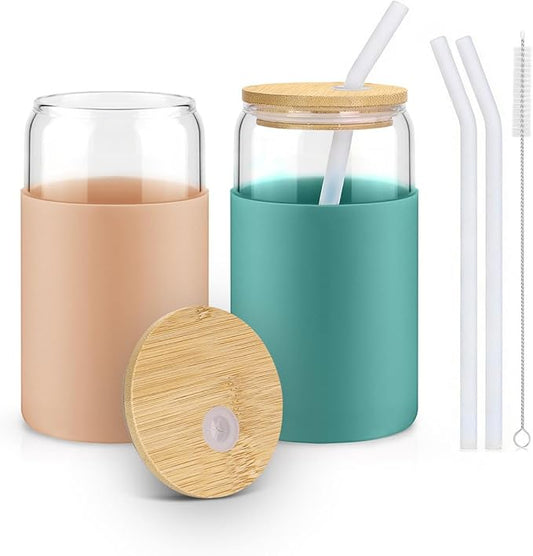 Glass Cups with Lids and Straws, 2 Pack 16OZ Iced Coffee Cups with Silicone Sleeve, Glass Tumbler with Straw and Bamboo Lid, Home Essential Drinking Set for Juice, Cocktail and Latte Khaki&Green